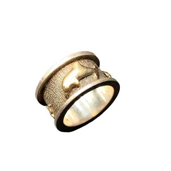 Dolphin Ring Wide 14k Gold 925 Sterling Wide Band Size 8.75 Textured Chunky Ring - Picture 1 of 8